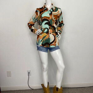 Mango Vintage Inspired Retro Bohemian Coachella Multicolor Button Down Top Sz.8